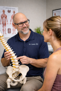 Dr. Lauer explaining back and neck pain to a patient.